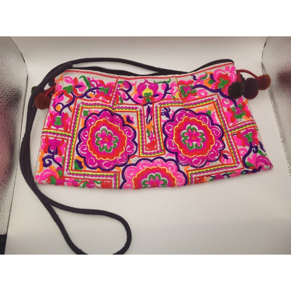 Boho Thailand Handbag Crossbody Emroidered Hmong Pink Flower pompoms